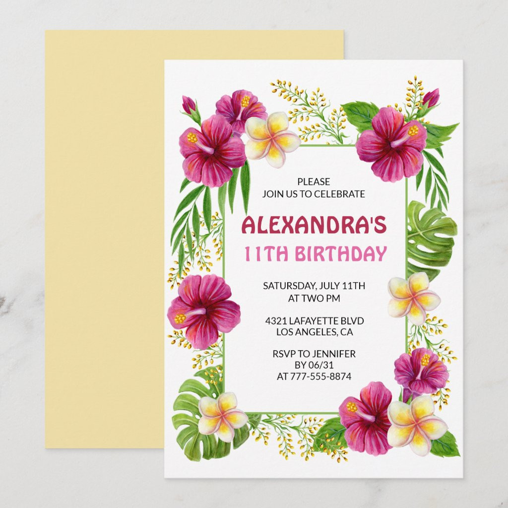 Pink 11th birthday invitations Tropical Party | Zazzle