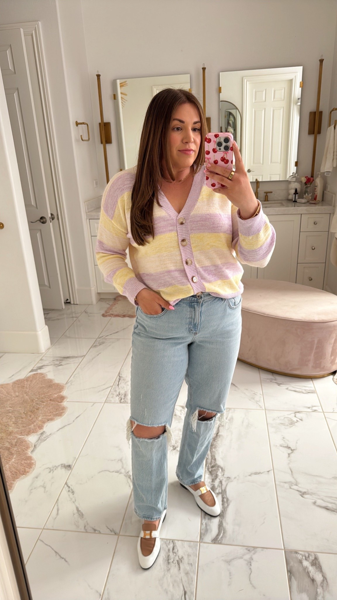 curvy midsize spring style! wearing size xl in striped yellow and lilac cardigan and size 31 in denim 

#LTKFindsUnder100 #LTKSpringSale #LTKMidsize