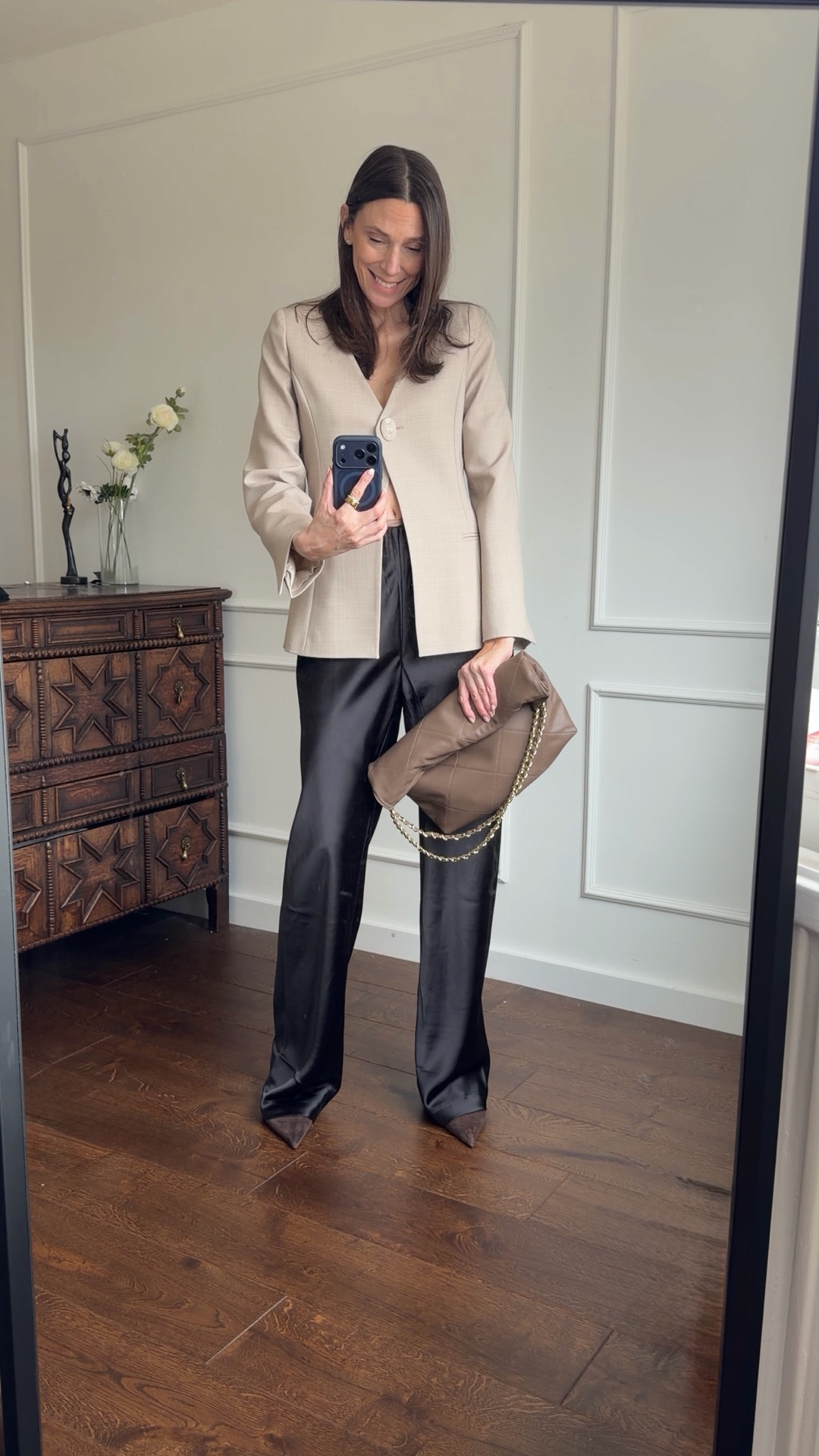 A chic spring look. 

I’m wearing a S-M in the satin trousers in the longer length and a UK 8 in the blazer. 

The bag is from Scott Samuel 

#LTKTall #LTKgrwm #LTKOver40