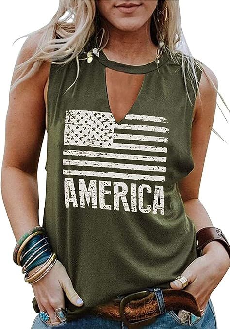 KNEYATTA American Flag Tank Tops 4th of July Women Patriotic Sleeveless Shirt Summer Casual Racer... | Amazon (US)