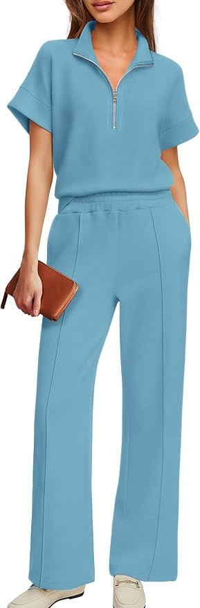 ReachMe Womens 2 Piece Lounge Set Airport Travel Outfit Short Sleeve Half Zip Wide Leg Pants Summ... | Amazon (US)