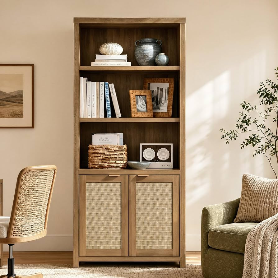 SICOTAS 71" Tall Bookcase 5 Tier Rattan Bookshelf with Doors for Library | Amazon (US)