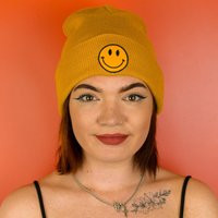 Smiley Patch Mustard Beanie Hat/100% Cotton Embroidered ""60S Retro Nostalgic Cute Stoner Old School | Etsy (US)