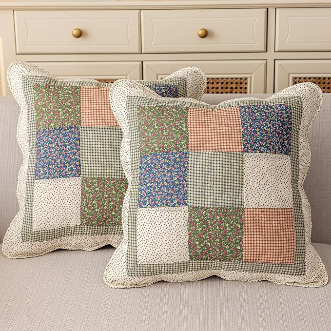 vctops Set of 2 Quilted 100% Cotton Boho Throw Pillow Covers 18" x 18" Farmhouse Country Floral P... | Amazon (US)