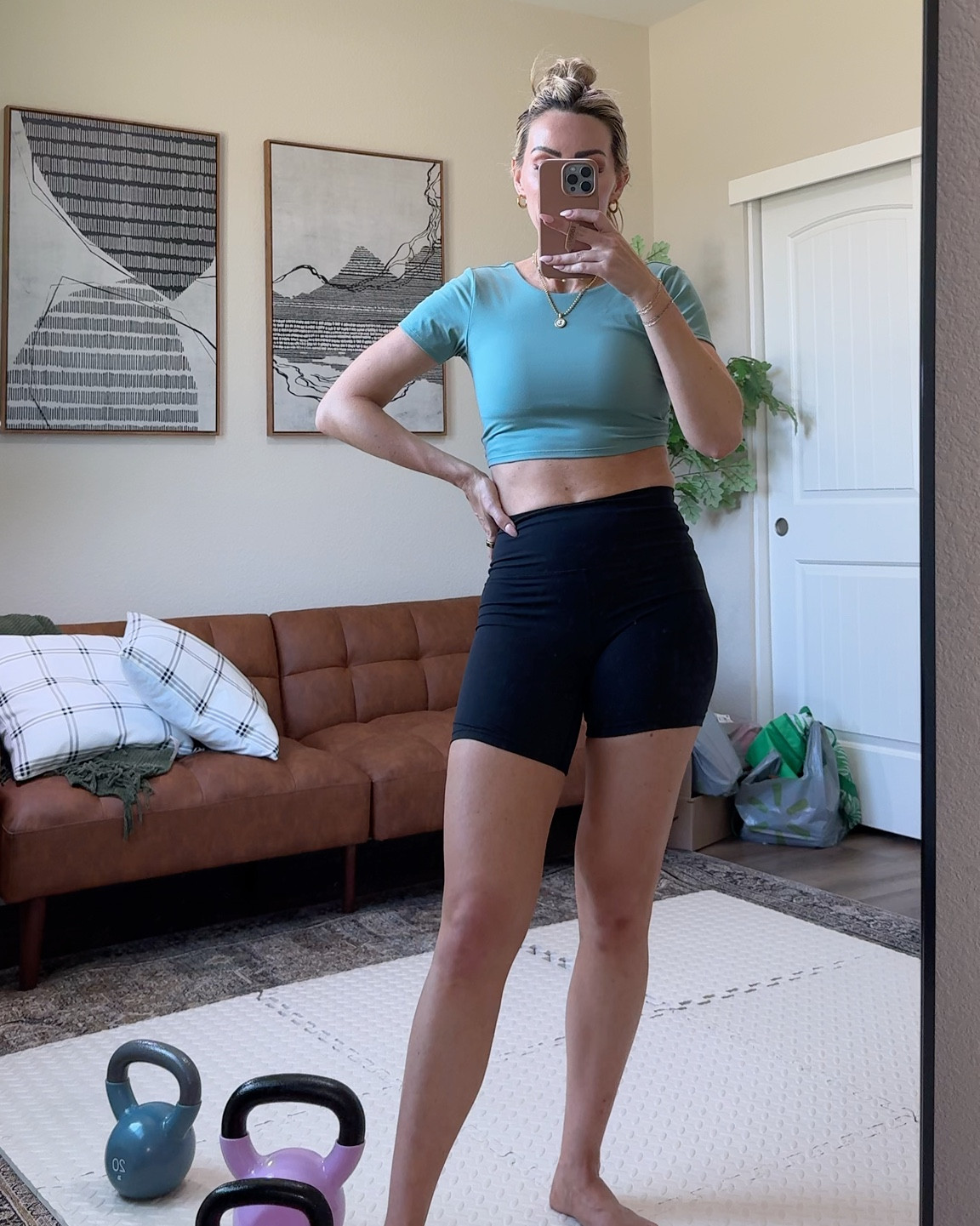 Workout outfit
Twist top sports bra tee size small
Bike shorts size small
Amazon fashion 
Amazon workout equipment 

#LTKVideo #LTKActive #LTKFitness