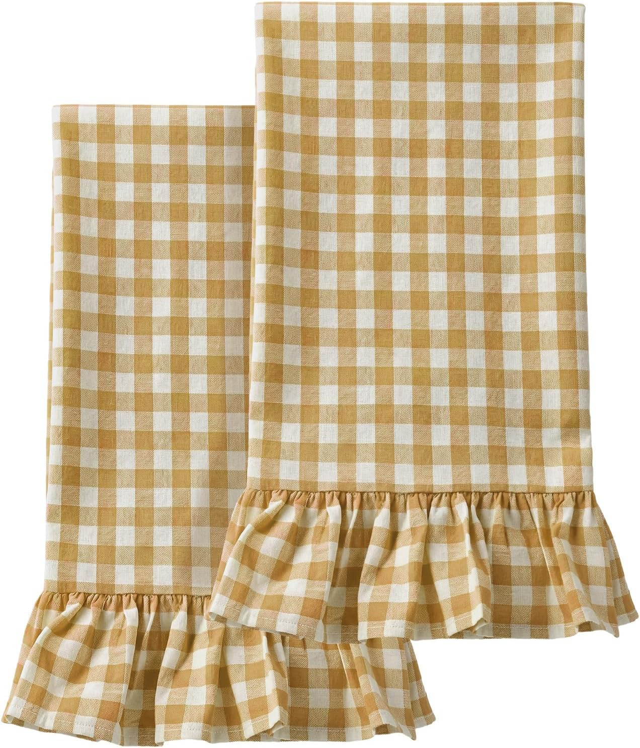 Yellow Kitchen Towels Set of 2, 100% Cotton Ruffled Gingham Dish Towels 18"x28" Tea Cloths Classic Plaid Pattern for Farmhouse Charm, Drying Dishes, Entertaining Guests | Amazon (US)