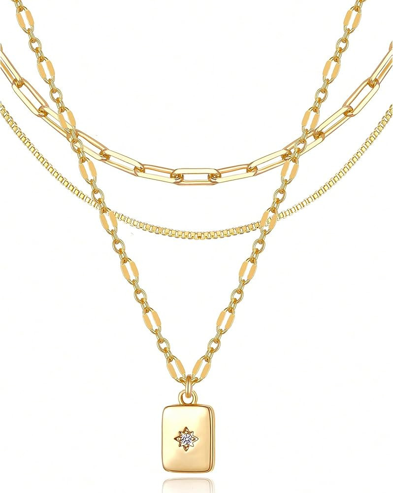 YEEZII Layered Gold Necklaces for Women Trendy, 3 Pcs 14K Gold Plated Choker Paperclip Box Chain ... | Amazon (US)