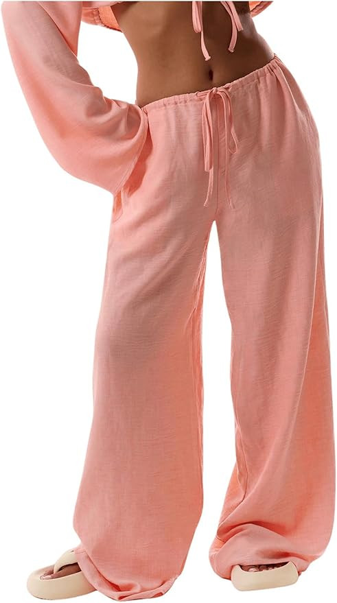 Womens Linen Pants Wide Leg Loose Cotton Swimsuit Coverups Summer Pants Beach Vacation Outfits | Amazon (US)