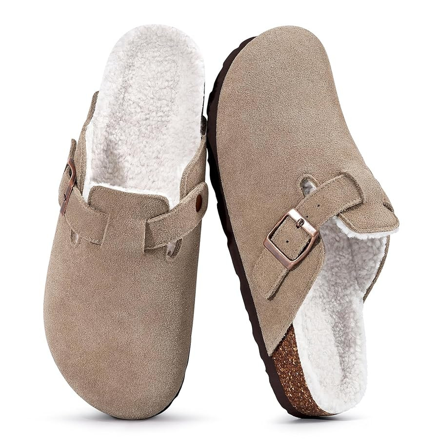 KIDMI Women's Fur Lined Suede Clogs Fuzzy Cork Footbed Mules Slip On Winter Potato Shoes | Amazon (US)