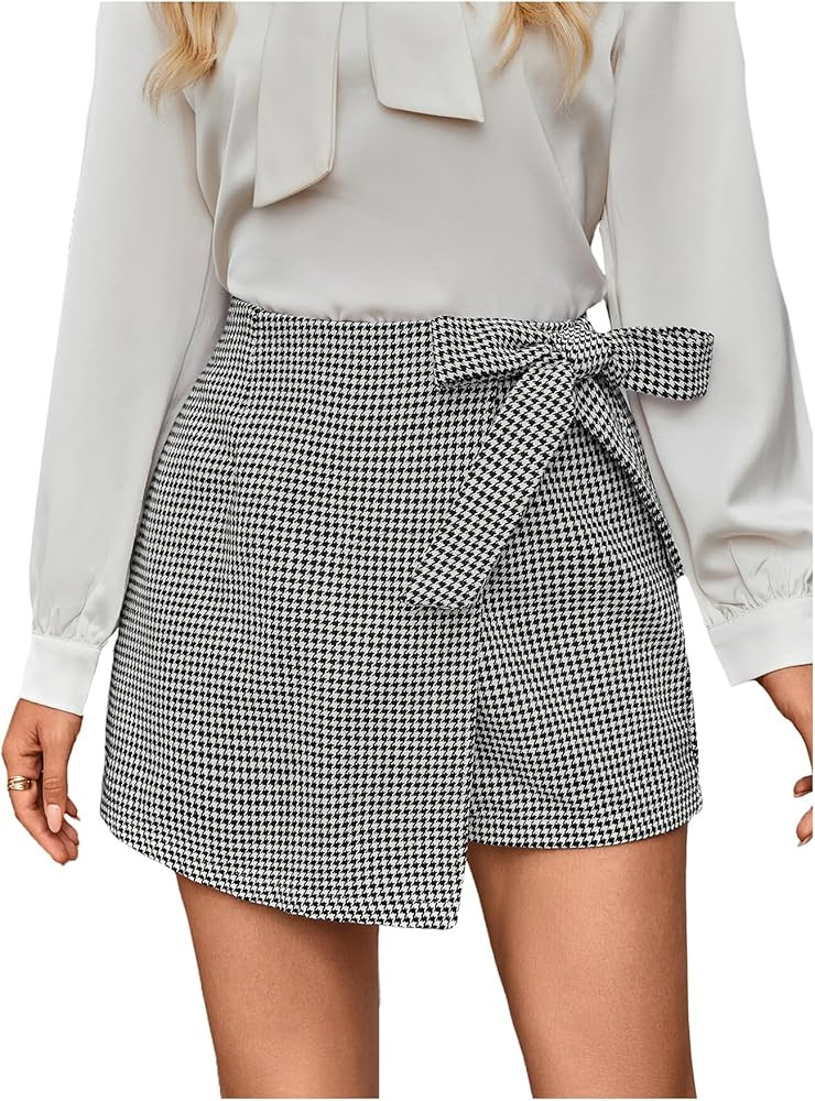 Floerns Women's Houndstooth Print Tie Front Skorts Asymmetrical Hem High Waist Skirt Shorts | Amazon (US)