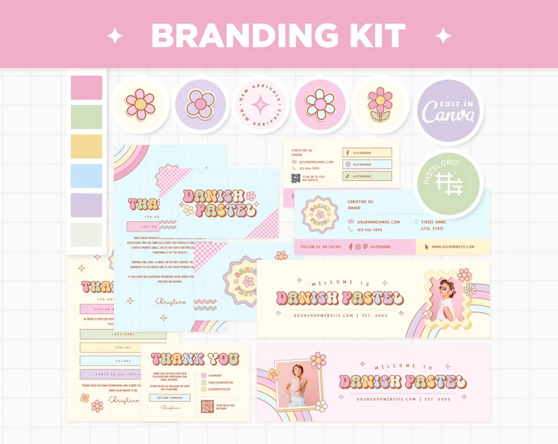Branding Kit Danish Pastel Groovy Rainbow Aesthetic Canva Template Editable Business Card Thank Y... | Etsy (US)