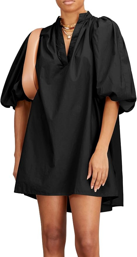 Women Babydoll Mini Dress Summer Casual Cotton V Neck Puff Lantern Sleeve Loose A Line Cute Dress | Amazon (US)