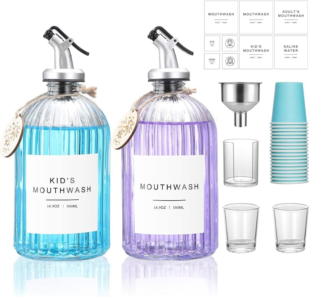 Glass Mouthwash Dispenser, 2 Pack 16.9oz Glass Bottles with Pour Spouts, 2 Reusable Glass Cups, 2... | Amazon (US)
