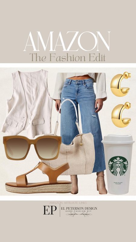 Vest
Jean
Sandals
Sunglasses
Purse
Earrings
Traveler Starbucks cup 

#LTKstyletip