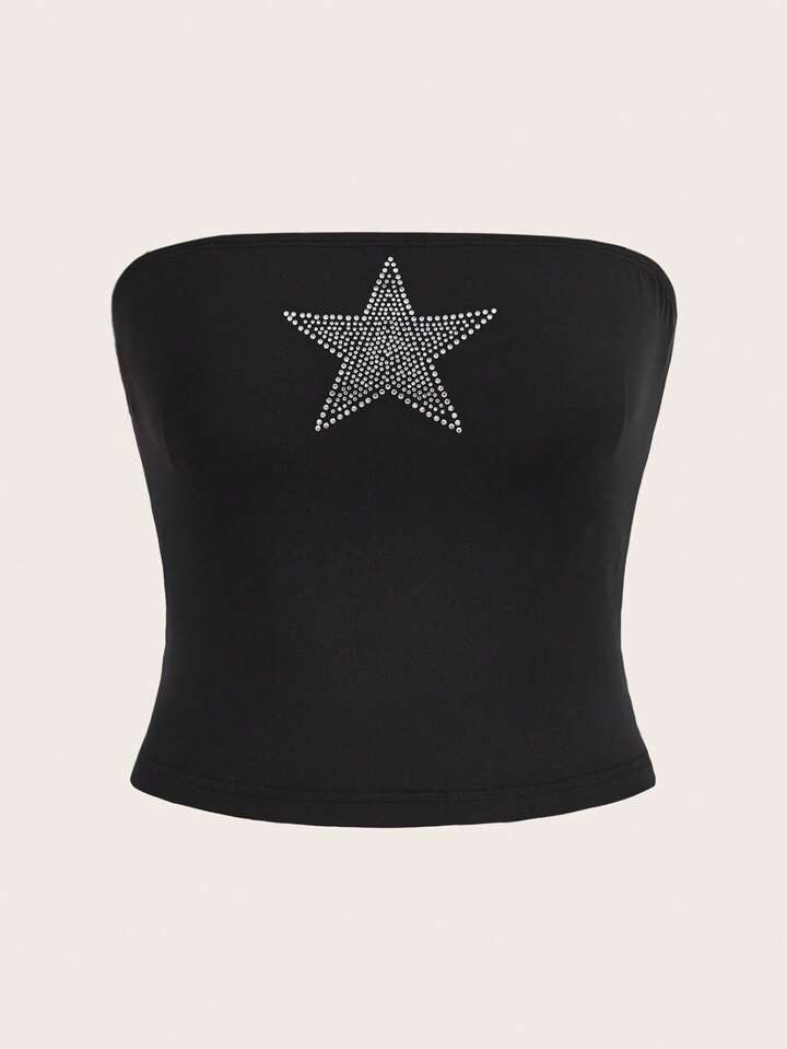 SHEIN EZwear Summer Black Rhinestone Star Pattern Slim Fit Tube Top | SHEIN