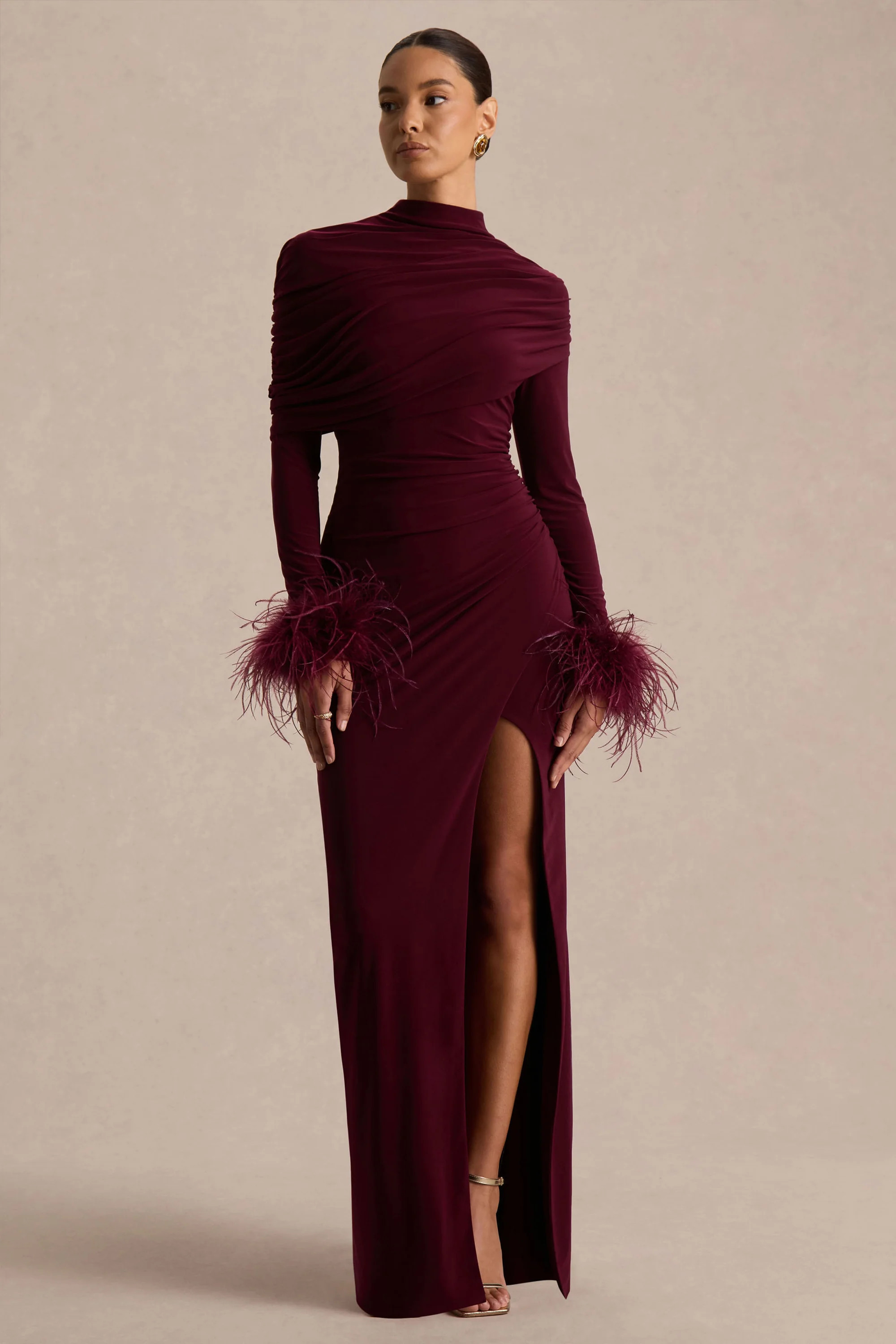 Gatsby | Burgundy High-Neck Maxi Dress With Feather Trim Cuffs | Club L London