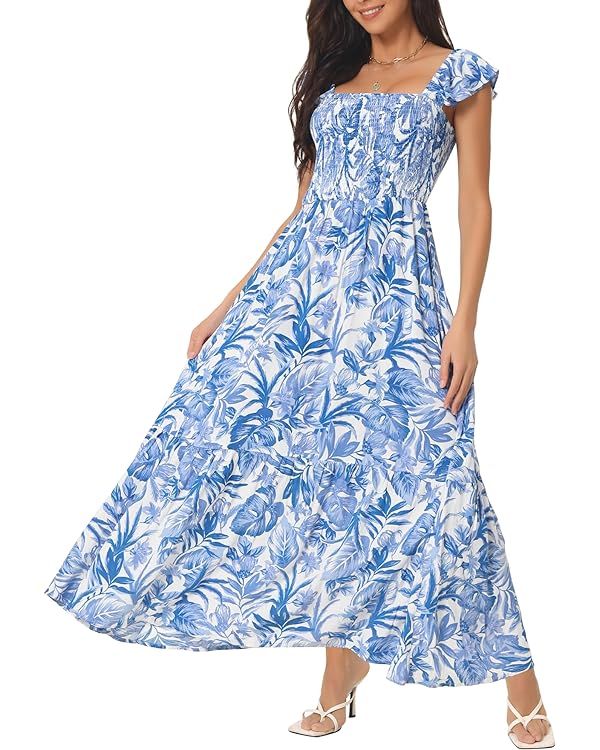 Women's Summer Smocked Boho Dresses Square Neck Ruffle Sleeve Floral Flowy Maxi Sundress with Poc... | Amazon (US)