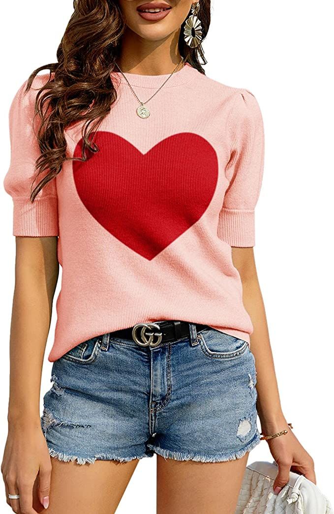 Bodosalia Heart Sweater for Women Puff Short Sleeve Pullover Tops Crew Neck Ribbed Knit Sweater B... | Amazon (US)