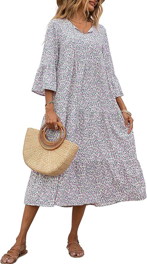 VIISHOW Womens 3/4 Sleeve Summer Boho Dress Front Tie Neck Vintage Floral Print Ruffle Hem Casual... | Amazon (US)