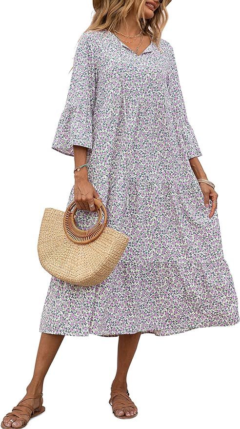 VIISHOW Womens 3/4 Sleeve Summer Boho Dress Front Tie Neck Vintage Floral Print Ruffle Hem Casual... | Amazon (US)