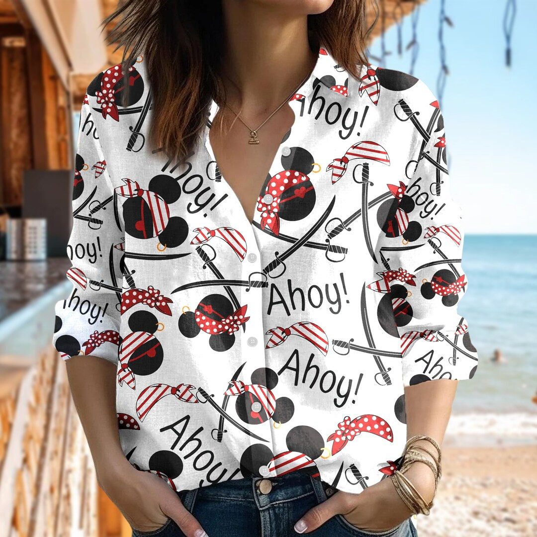 Mickey Cruise Pirate Shirt, Mickey Mouse Casual Button up Shirt, Mouse Pirate Women Blouses Shirt... | Etsy (US)
