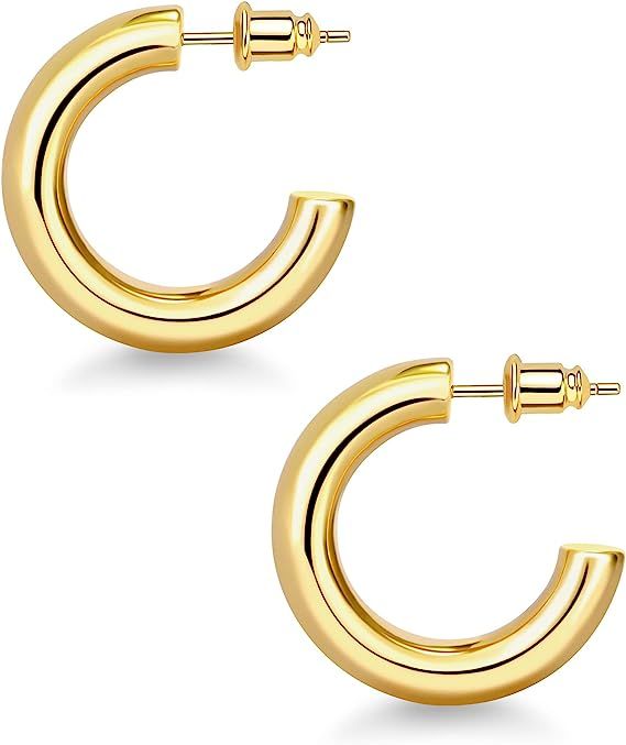 Wowshow Chunky Gold Hoop Earrings, Small Gold Hoop Earrings for Women 14K Real Gold Plated Thick Ope | Amazon (US)