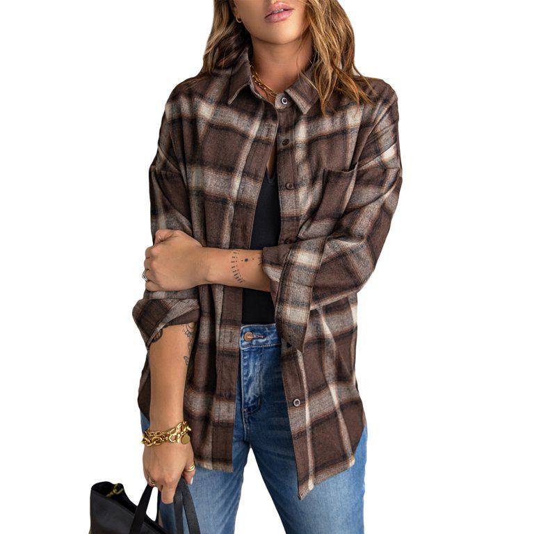 Dokotoo Women's Brown Shirt Jacket Plaid Print Button Down Long Sleeve Blouse Tops Loose Fit Oute... | Walmart (US)