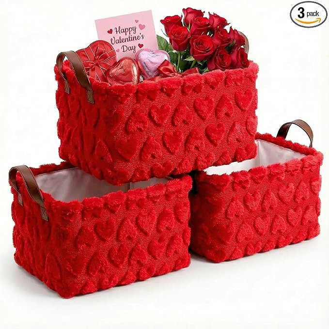 Kathfly 3 Pcs Heart Jacquard Foldable Storage Baskets Valentine's Day Plush Faux Fur Jacquard Des... | Amazon (US)