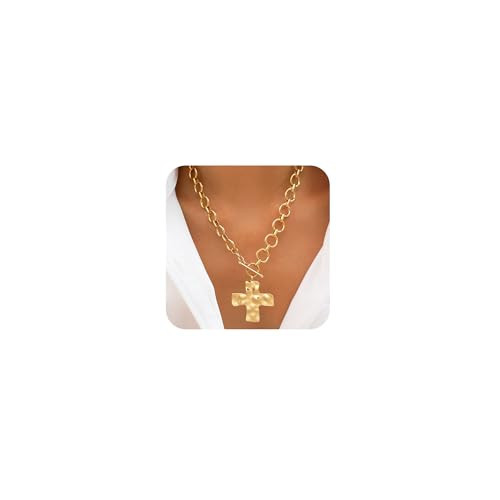 CHESKY 14K Gold Plated Chunky Necklace for Women, Trendy Hammered Bold Cross Pendant Necklace Thick Chain Necklace Toggle Necklaces Non Tarnish Jewelry | Amazon (US)