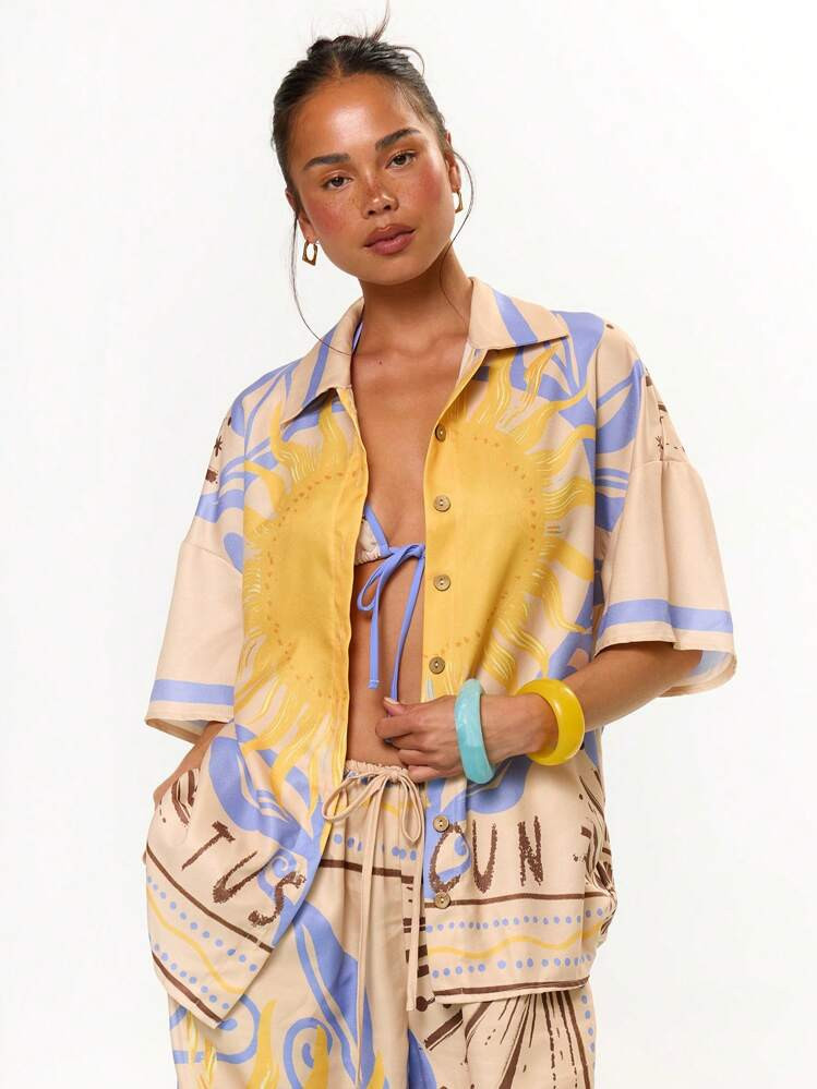 MUSERA Graphic Solar Print Button Through Short Sleeved Shirt Summer Vacation Holiday Festival Cu... | SHEIN