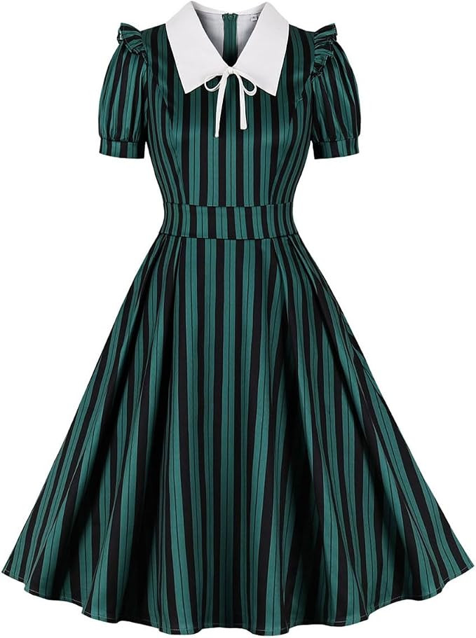 IDOPIP Women Black Striped Halloween Cosplay Costume Dress Elegant Tie Neck Midi Dress 1950s Vint... | Amazon (US)
