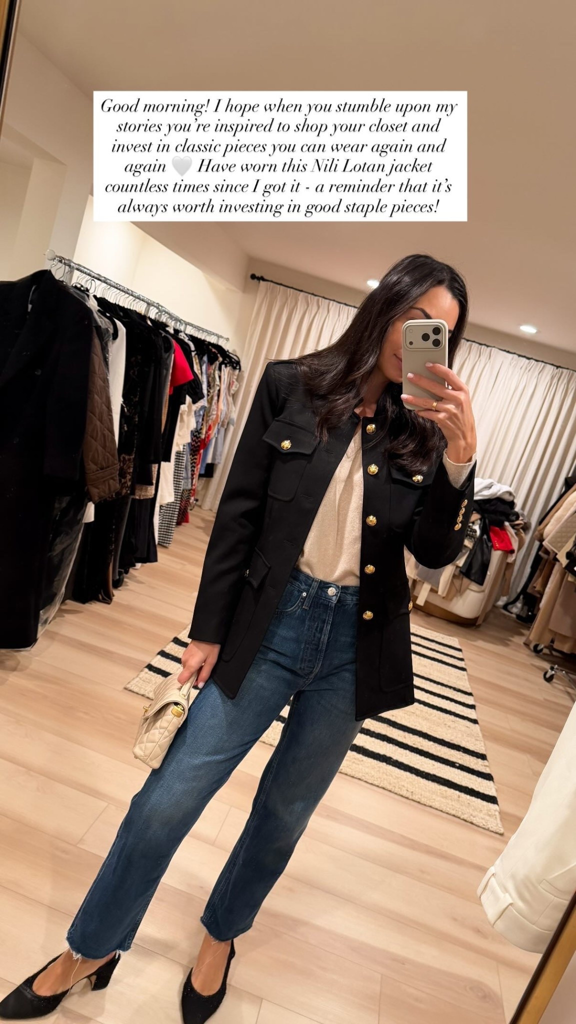 Lunch outfit, black jacket with gold buttons, lady jacket, fall outfit, Toteme jeans darker wash purchased via their website - lighter wash below, Chanel sling back pumps. 

#LTKWorkwear #LTKShoeCrush #LTKSeasonal