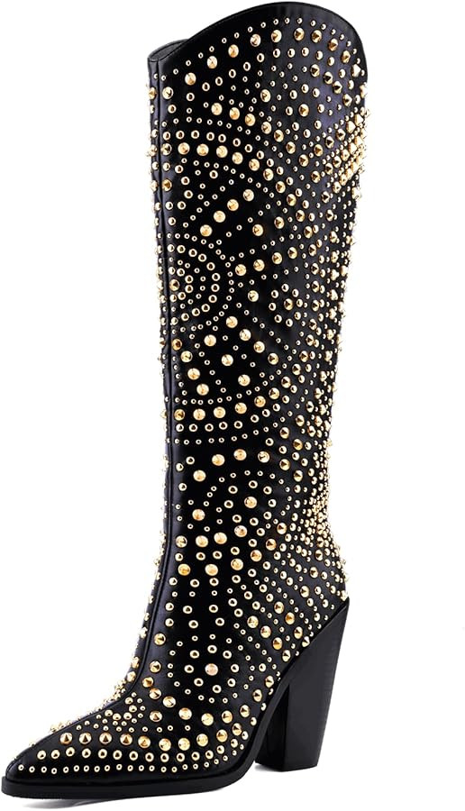 Luxurious Studded Women’s Knee High Boots - Pointed Toe And Chunky Heel Metallic Rivets And Rhi... | Amazon (US)