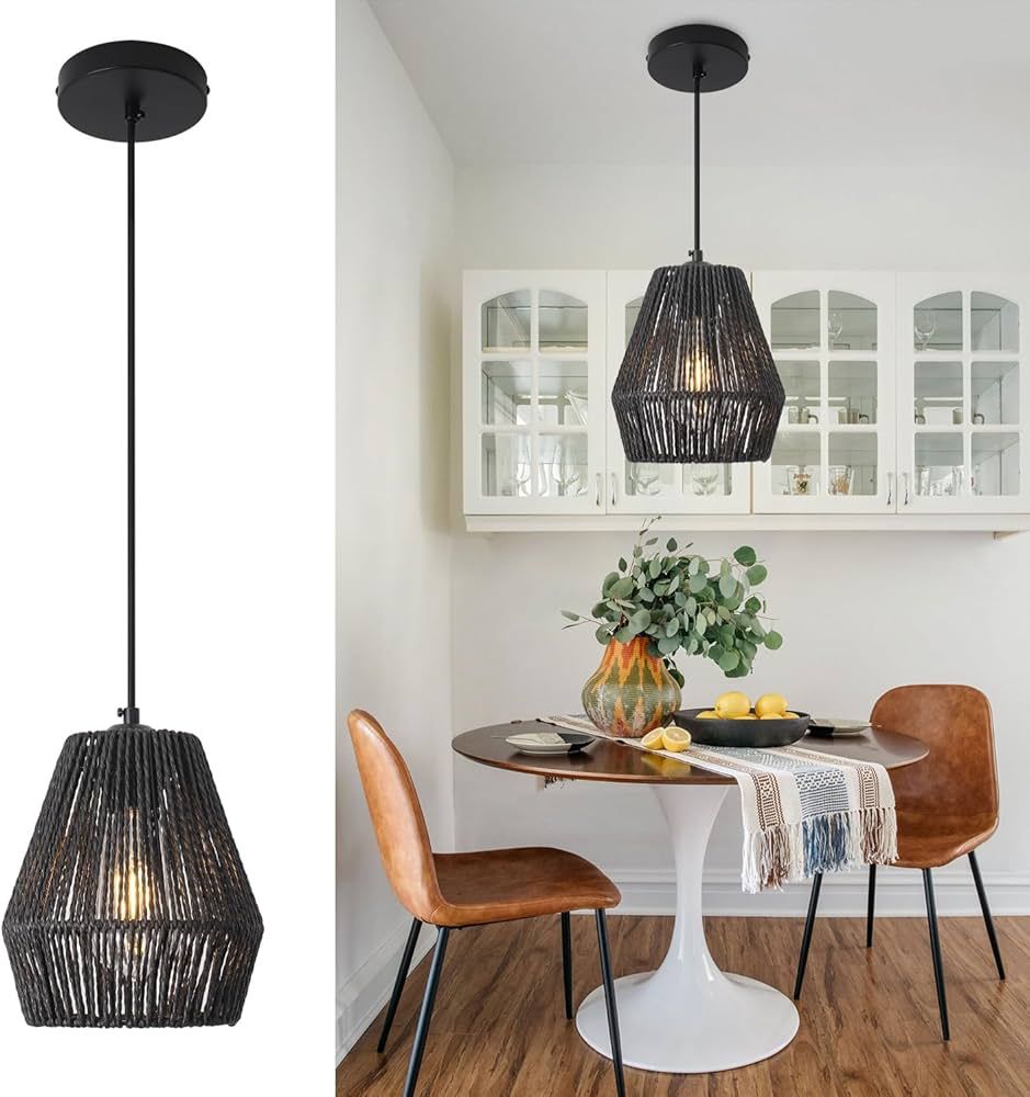 Heircido Black Woven Rattan Pendant Light Fixtures, 7" Farmhouse Hanging Lamp Handwoven Basket Sh... | Amazon (US)