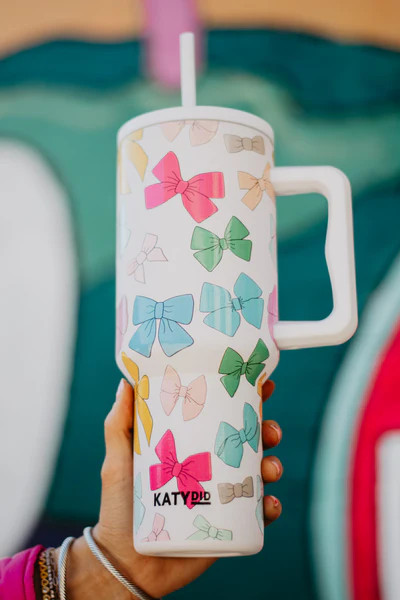 Multicolored Coquette Bows 38 Oz Tumbler w/ Handle | Katydid.com