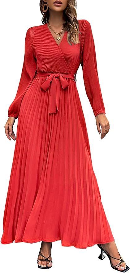 Long Sleeve Maxi Dress Solid V Neck Lantern Sleeve Belted Pleated Long Dress | Amazon (US)