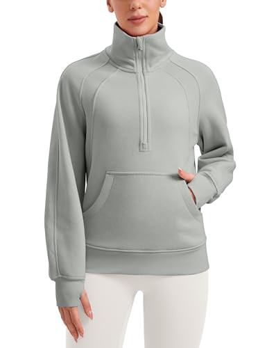 CRZ YOGA Womens Fleece Lined Sweatshirts Half Zip Funnel Neck Pullover Long Sleeve Hip Oversized Hoodies with Thumb Holes Sterling Small | Amazon (US)