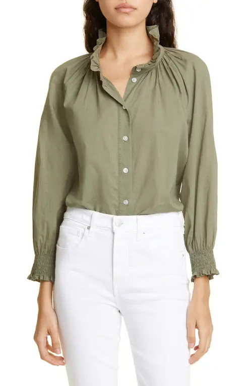 Veronica Beard Calisto Ruffle Collar Cotton Button-Up Shirt in Bright Army at Nordstrom, Size Small | Nordstrom