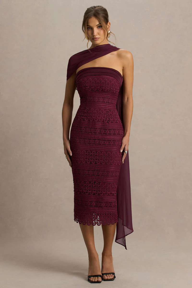 Secret  Burgundy Bandeau Lace Midi Dress With Scarf Detail | Club L London