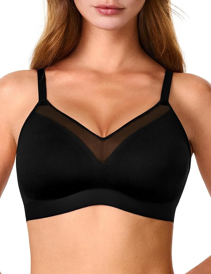Lehoba V Neck Mesh Wireless Bras for Women, Seamless Push Up Bralette No Underwire Bra Comfortabl... | Amazon (US)