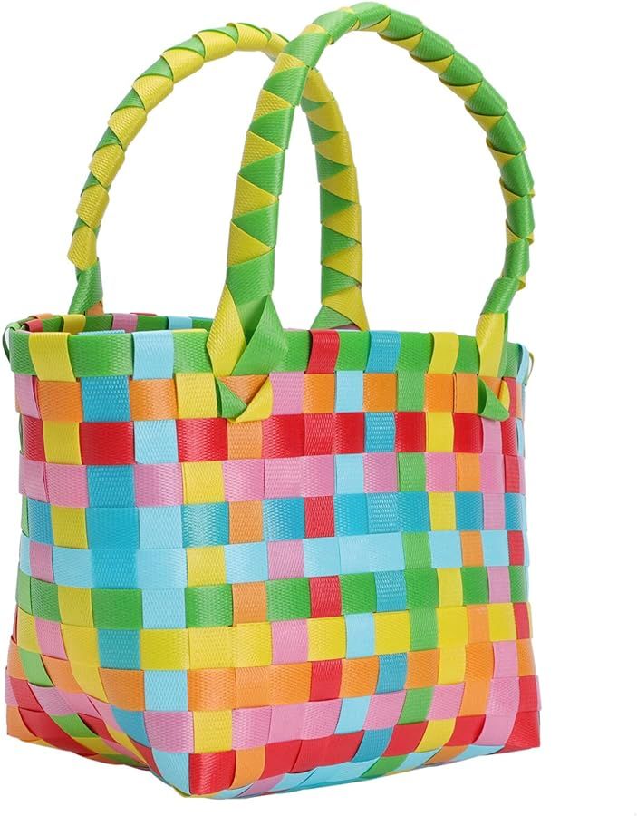 Cabilock Rattan Grocery Basket plastic woven beach tote rattan grocery handle bag straw handle ba... | Amazon (US)