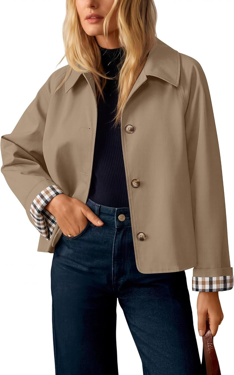 ZESICA Women's Cropped Trench Coat Plaid Button Front Fall Jacket | Amazon (US)