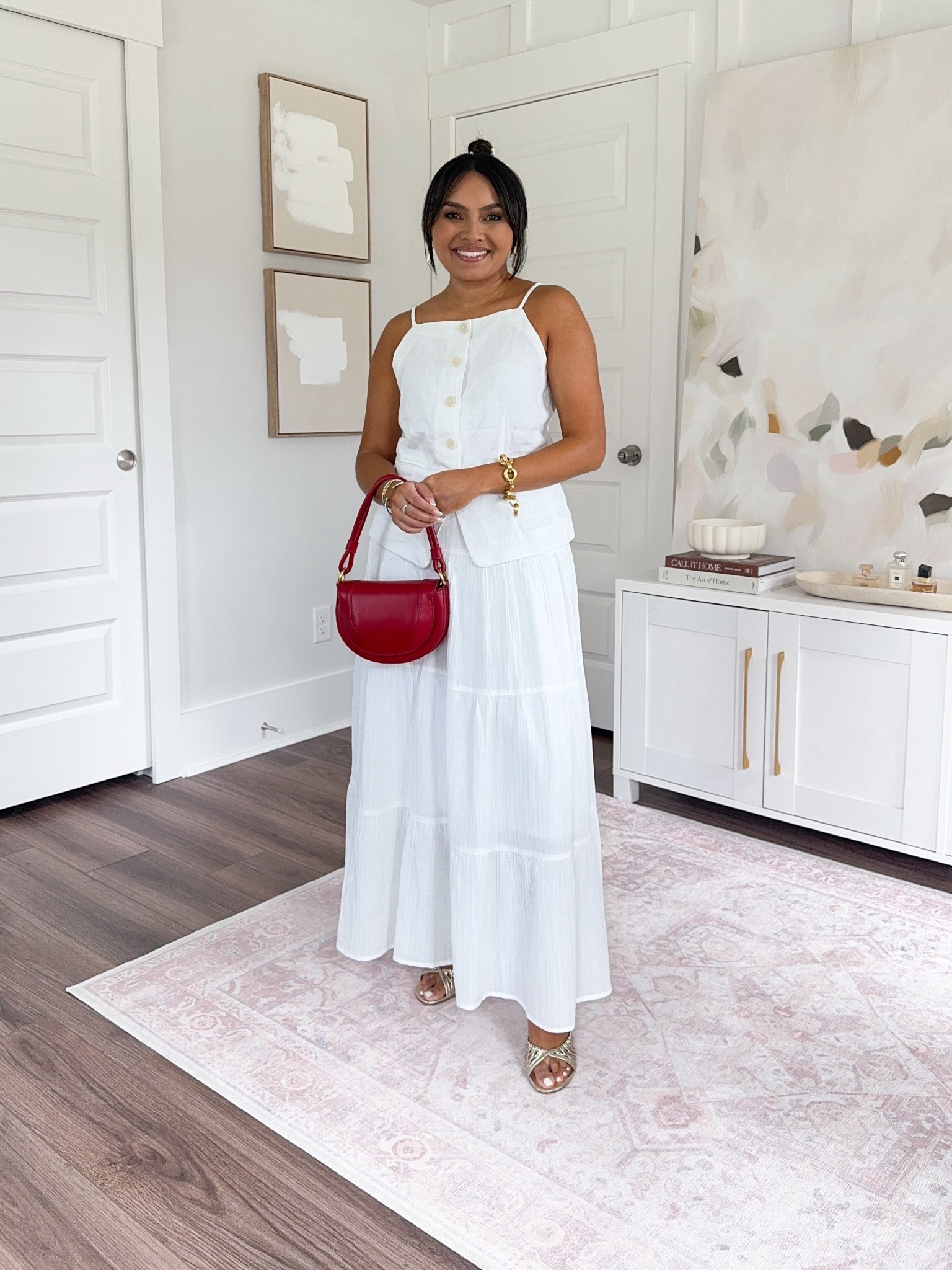 White linen vest top size xxs petite
White maxi skirt size - xs TTS 
Gold heels size 5 TTS


#LTKStyleTip #LTKPetite #LTKSaleAlert