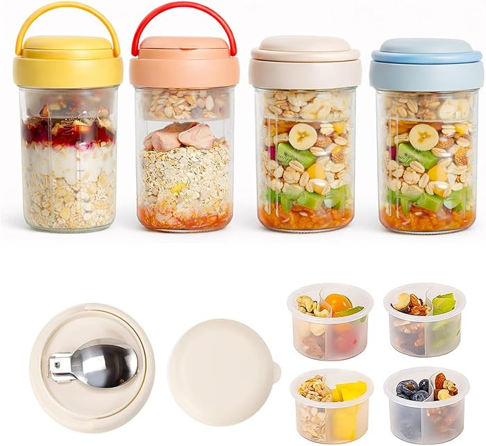 Overnight Oats Containers with Handles & Lids – 16oz Glass Mason Jars with Spoons & Fruit Compa... | Amazon (US)