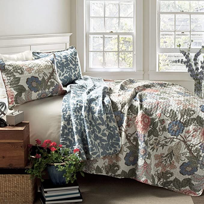 Lush Decor Floral Sydney 3-Piece Quilt Set Reversible Bedding (Full/Queen), Leaf Print | Amazon (US)