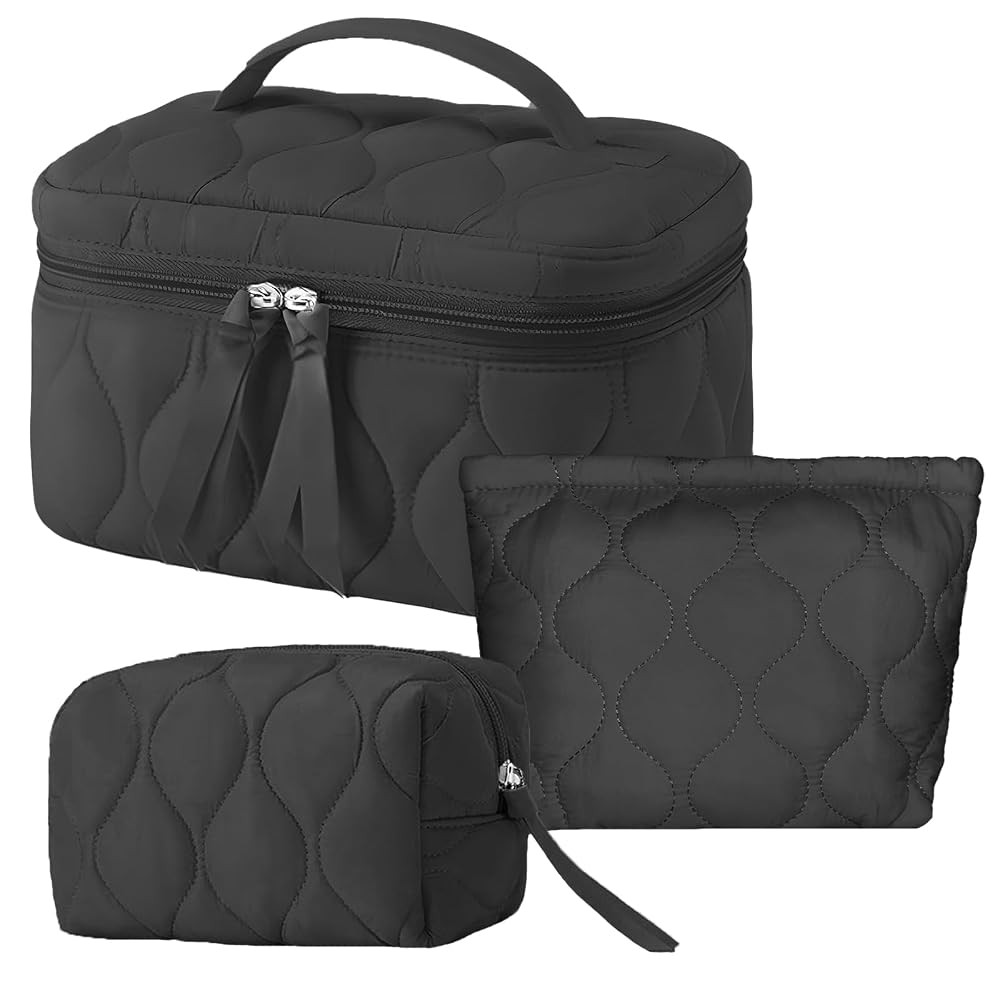 3 PCS Quilted Makeup Bag Set Coquette Cosmetic Bag Toiletry Travel Organizer, Small Medium Large,... | Amazon (US)
