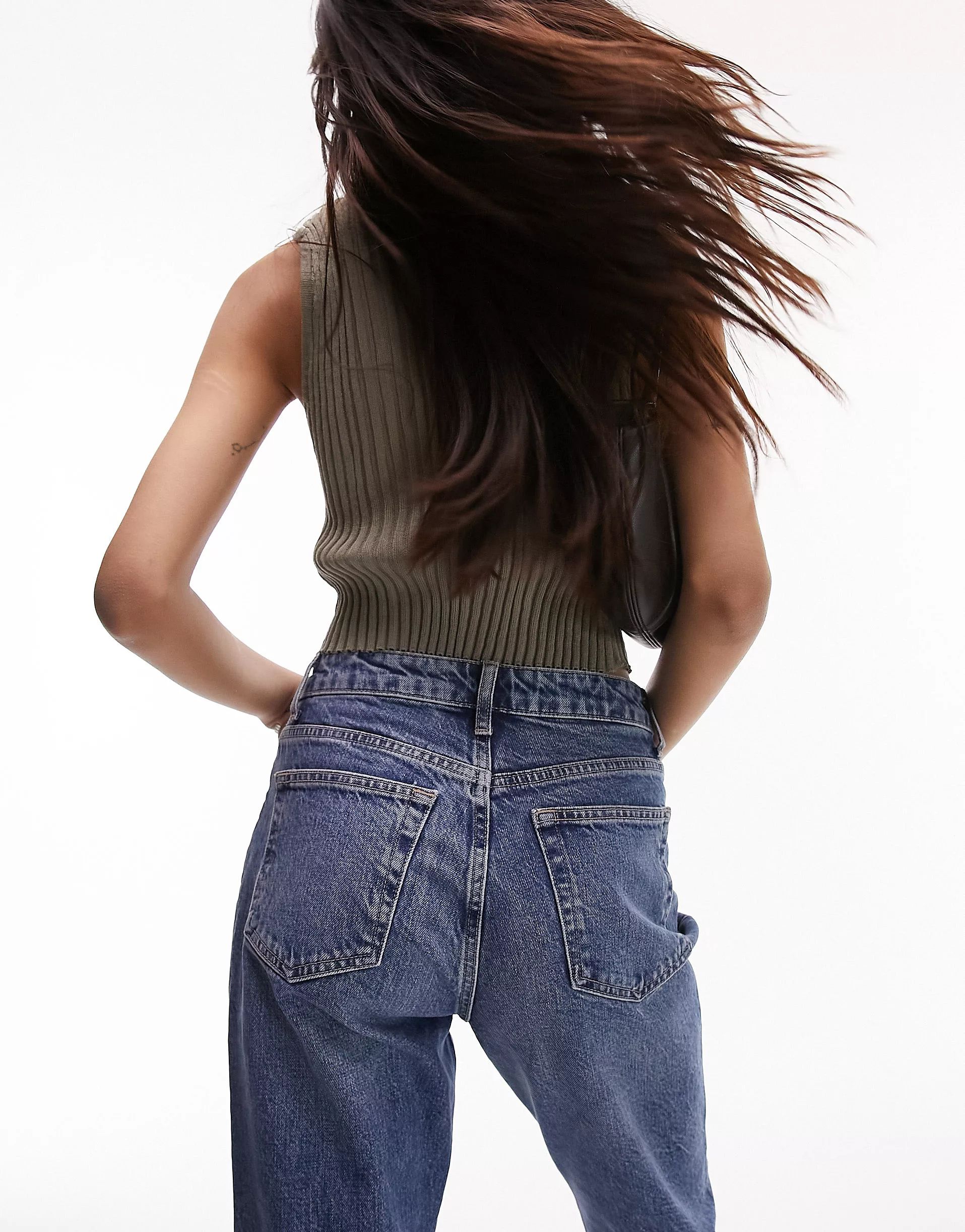 Topshop mid rise straight jeans with raw hem in mid blue | ASOS (Global)