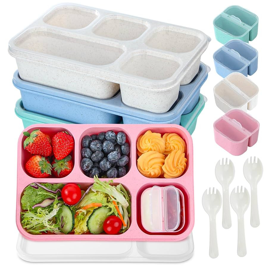 Snack Box Containers for Adults，4 Pack Bento Lunch Box for Adult & Kids, 5 Compartment Adult Lu... | Amazon (US)