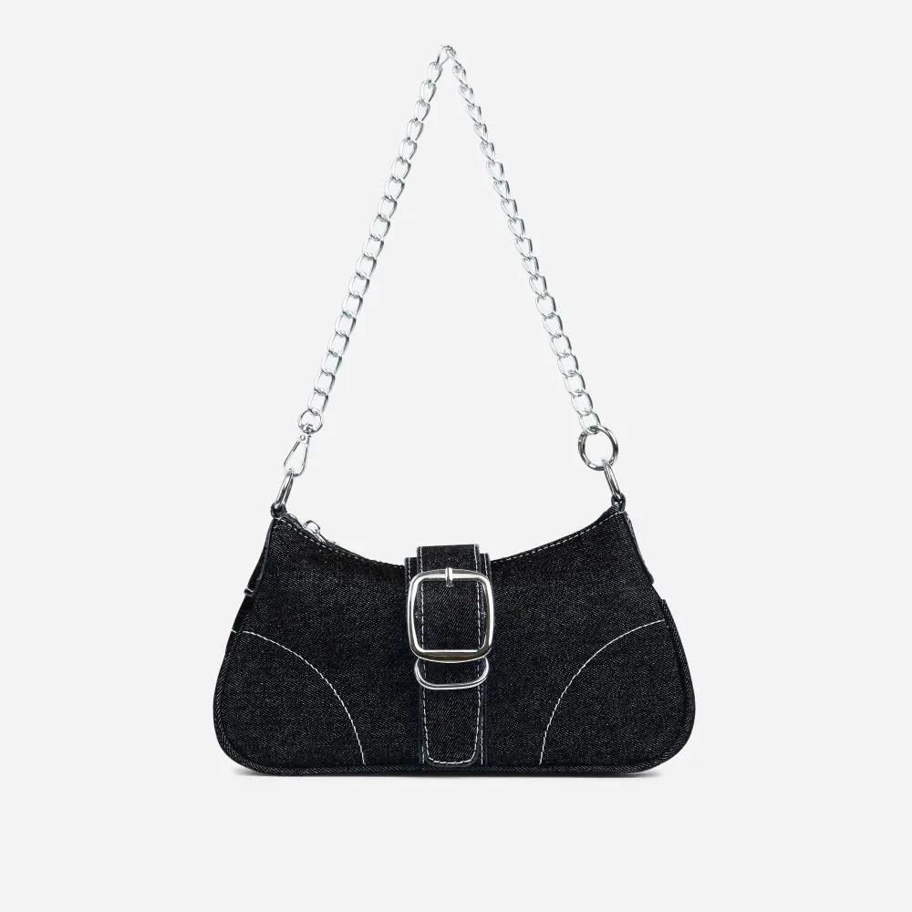 Kinsley Buckle Detail Shoulder Bag In Black Denim | EGO (UK)
