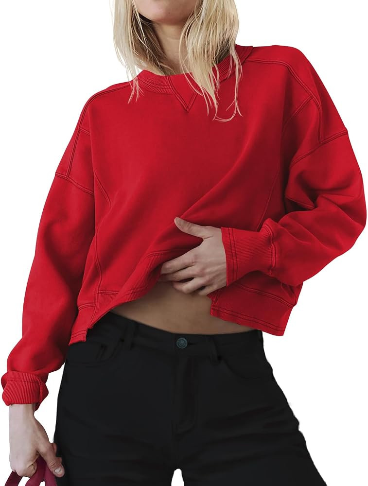 INFITTY Womens Fleece Crewneck Sweatshirts Long Sleeve Oversized Cropped Pullover Tops Fall Winte... | Amazon (US)